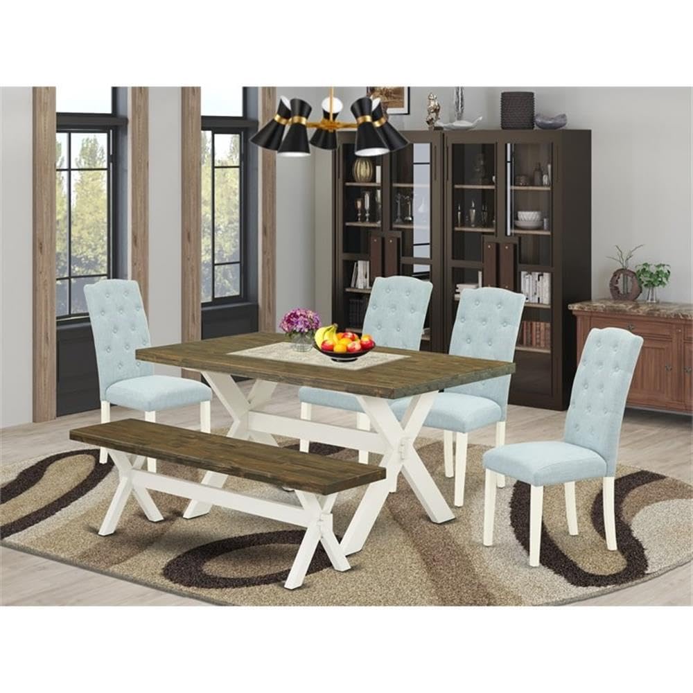 East West Furniture X076Ce215-6 6 Piece Dining Table Set Contains A Rectangle Dining Room Table With X-Legs And 4 Baby Blue Linen Fabric Parson Chairs With A Bench, 36X60 Inch, Multi-Color